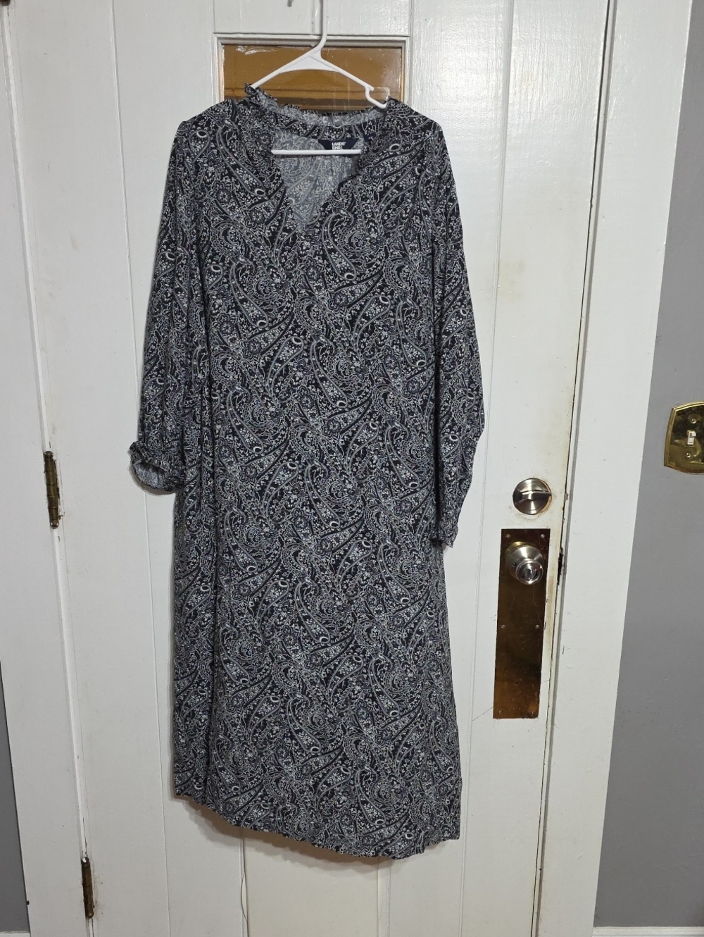 Lands' End Black & White Paisley Long Sleeve Midi Dress Pockets 2X/20-22W EUC